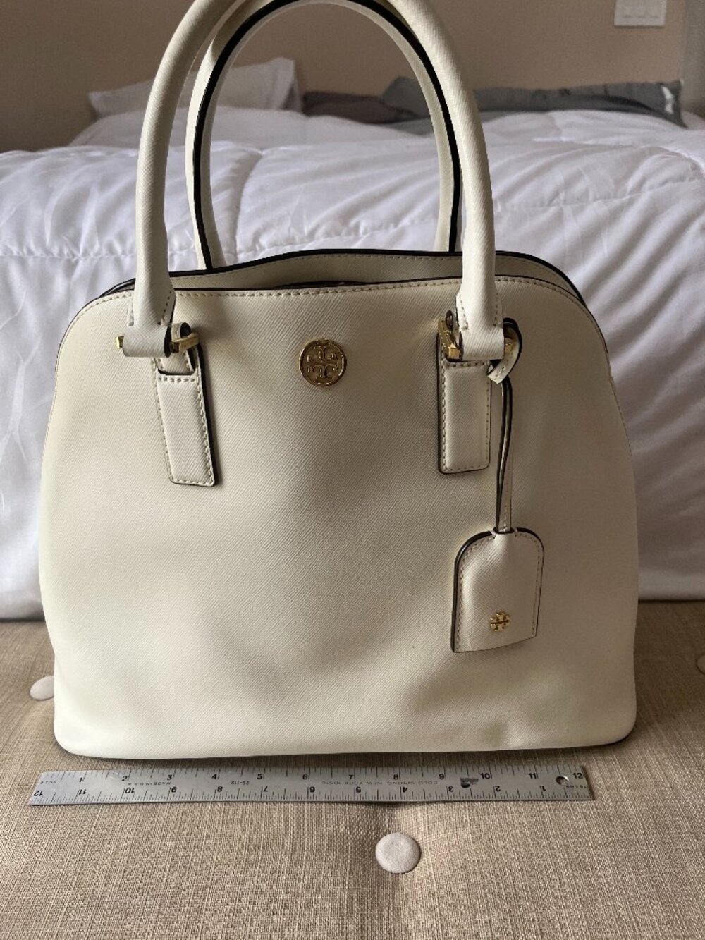 Tory Burch Robinson Ivory Open Dome Zip Satchel, Medium, Dust Bag, Strap